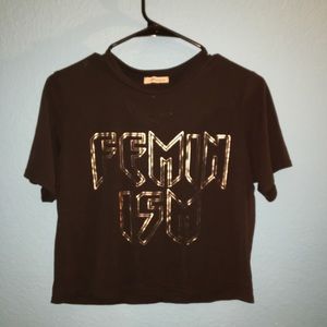 Tilly’s Black shirt with FEMINISM in gold print